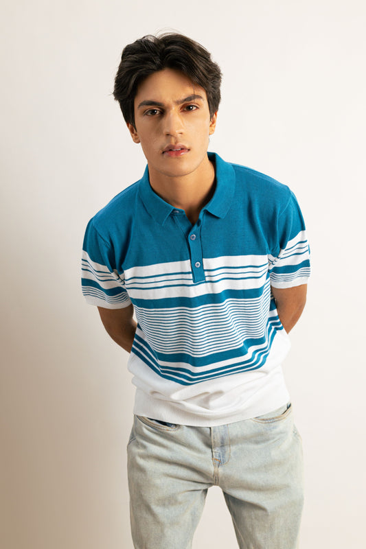 Blue Country Club Stripe Knit Polo