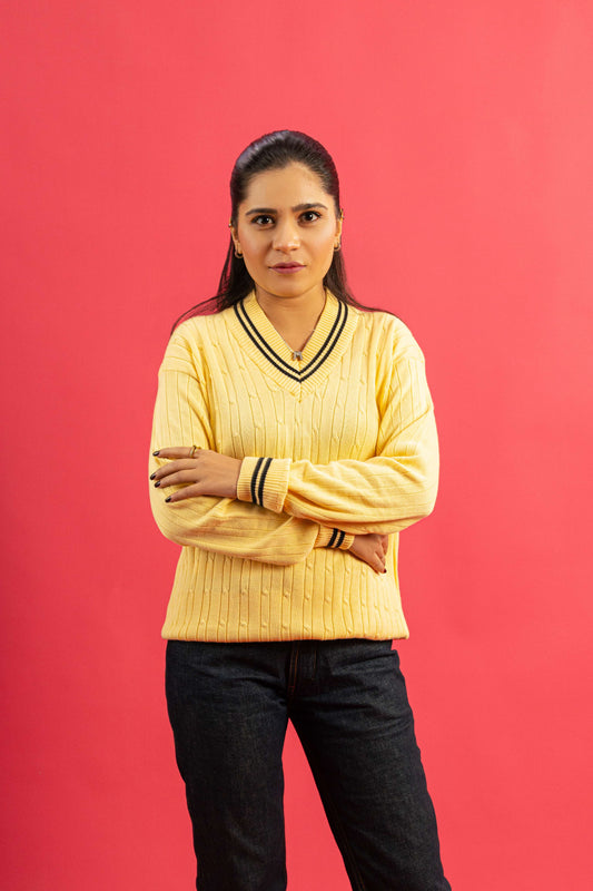 Lemon Cable-Knit V-Neck Sweater For Women