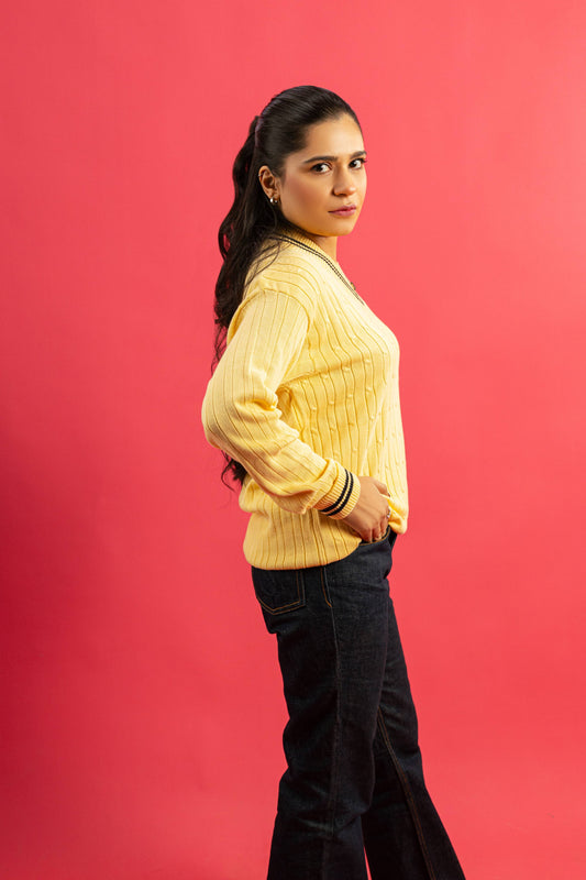 Lemon Cable-Knit V-Neck Sweater For Women