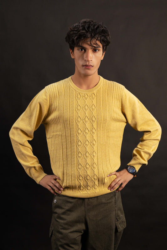 Mustard Diamond-Knit Round Neck Sweater