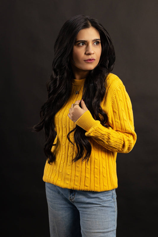 Yellow Cable-Knit Crewneck Sweater for Women