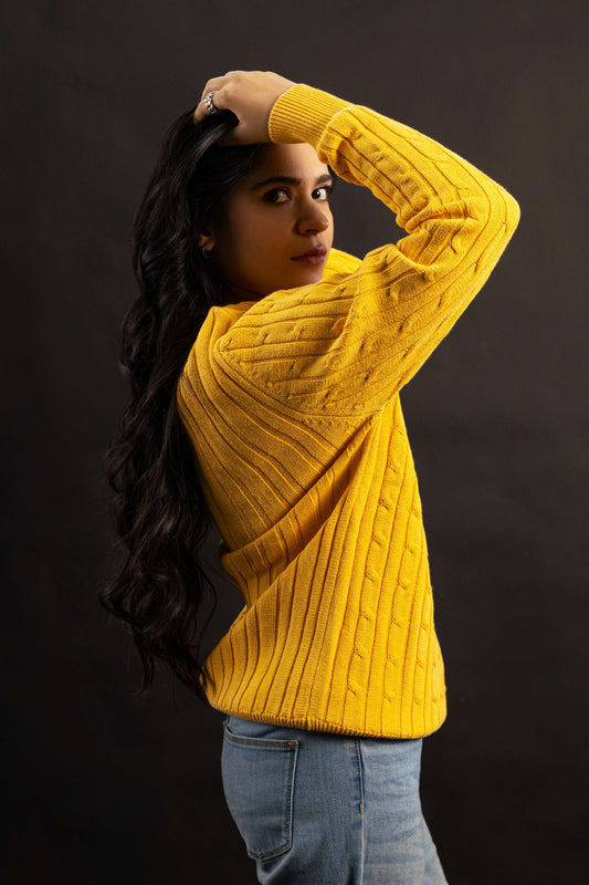 Yellow Cable-Knit Crewneck Sweater for Women