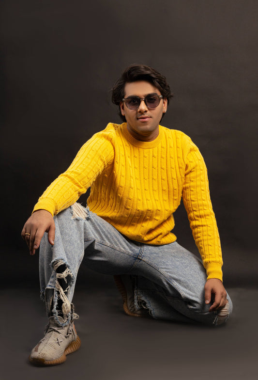 Yellow Cable-Knit Crewneck Sweater