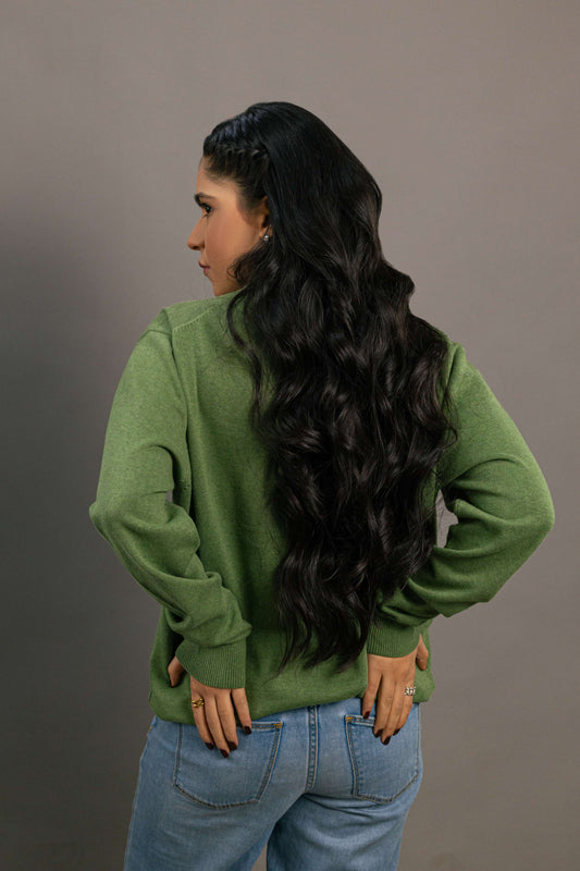 Green Knit Vee Sweater For Women